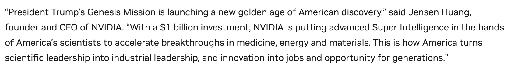 黃仁勳獲美國國家科學獎章:把 GPU 變成科學工具的二十年 3 NVIDIA 新聞室十億美元承諾新聞稿中黃仁勳的引言