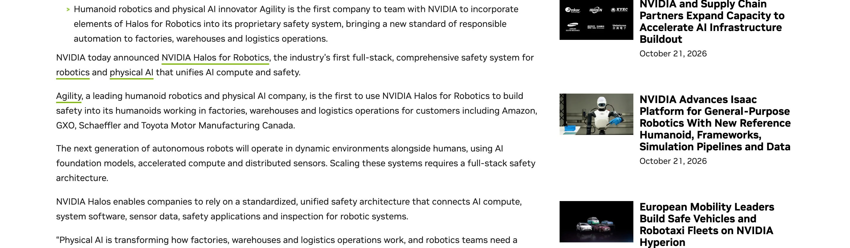Digit 5 機載運算獨家綁定 NVIDIA IGX Thor,新承諾只有一句 4 NVIDIA 2026 年 6 月 22 日新聞稿截圖:內文載明 Agility 是第一家採用 Halos for Robotics 的公司,機器人已為 Amazon、GXO、Schaeffler 與 Toyota 加拿大廠工作