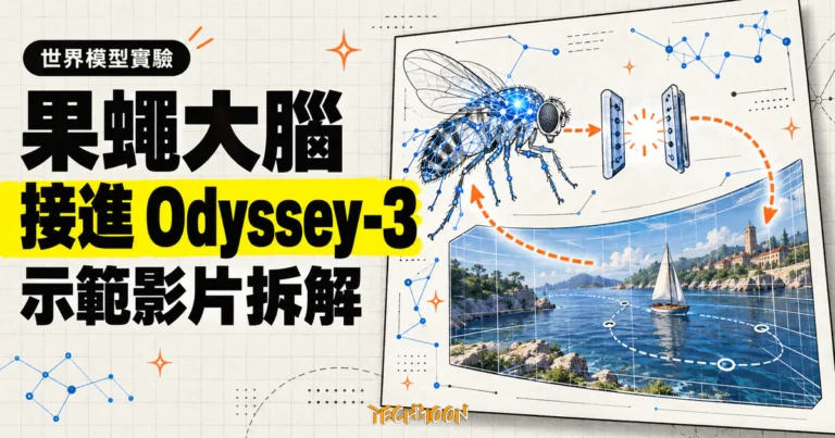 TechMoon 精選圖｜果蠅大腦神經網路接進 Odyssey-3 世界模型，形成感覺與飛行控制閉迴路的示意圖