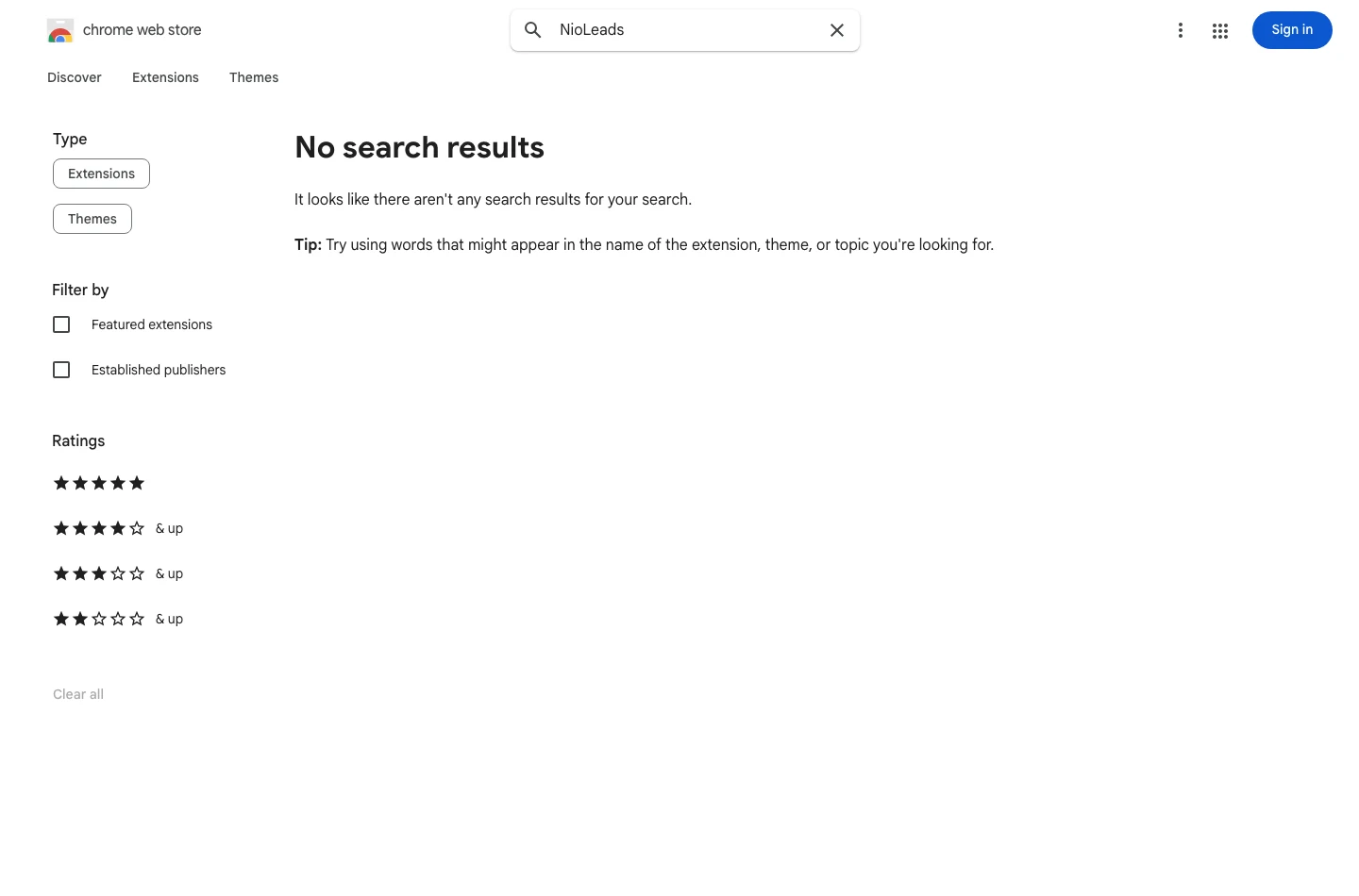 Chrome Web Store 搜尋 NioLeads 的結果頁，主區域顯示 No search results，沒有列出任何擴充功能條目