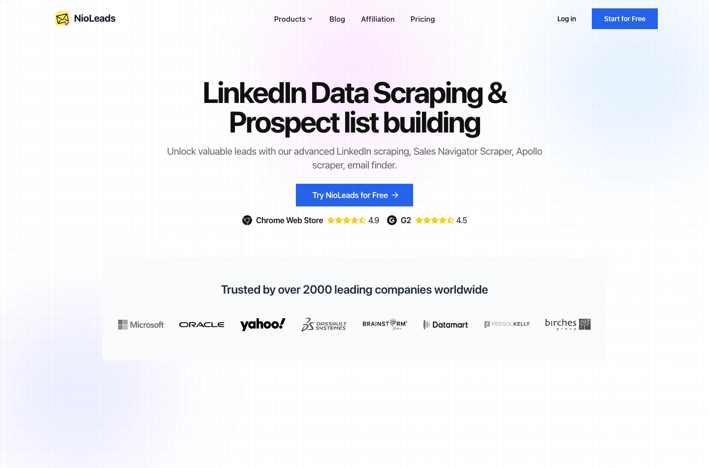 NioLeads 官網首頁，標題下方掛著 Chrome Web Store 4.9 與 G2 4.5 評分徽章，下方是 Microsoft、Oracle、Yahoo 等公司標誌組成的客戶牆