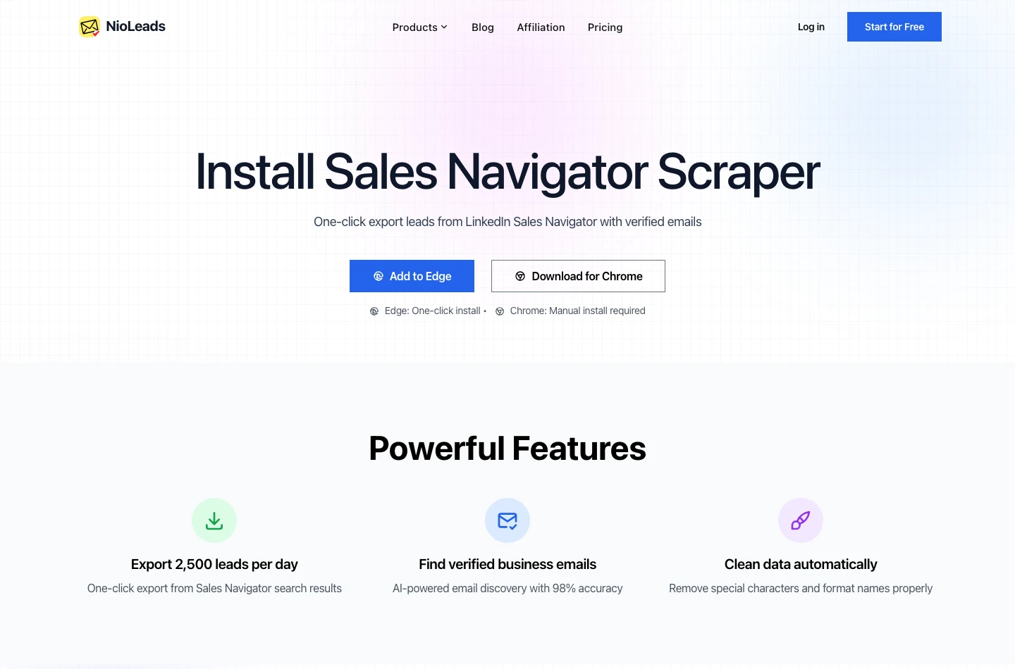 NioLeads 官方安裝頁，提供 Add to Edge 與 Download for Chrome 兩個按鈕，按鈕下方註明 Edge 一鍵安裝、Chrome 需要手動安裝