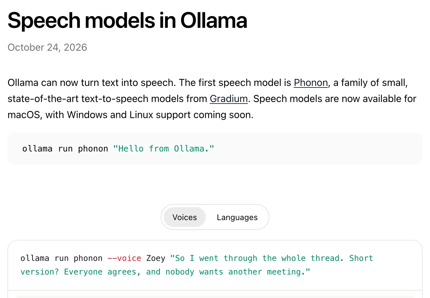 Ollama 加入語音生成:本機把文字念成聲音,五種語言先開放 2 Ollama 官方公告畫面:Speech models in Ollama,2026 年 10 月 24 日發布,首段寫明語音模型登上 macOS,Windows 與 Linux 之後提供