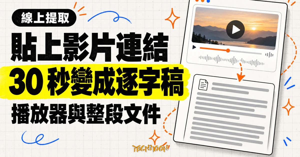 AnyToCopy 影片逐字稿工具:貼上連結 30 秒拿到整段文字稿 1 TechMoon 精選圖|貼上線上影片連結,約 30 秒取得整段逐字稿,右側結合影片播放器與文件卡