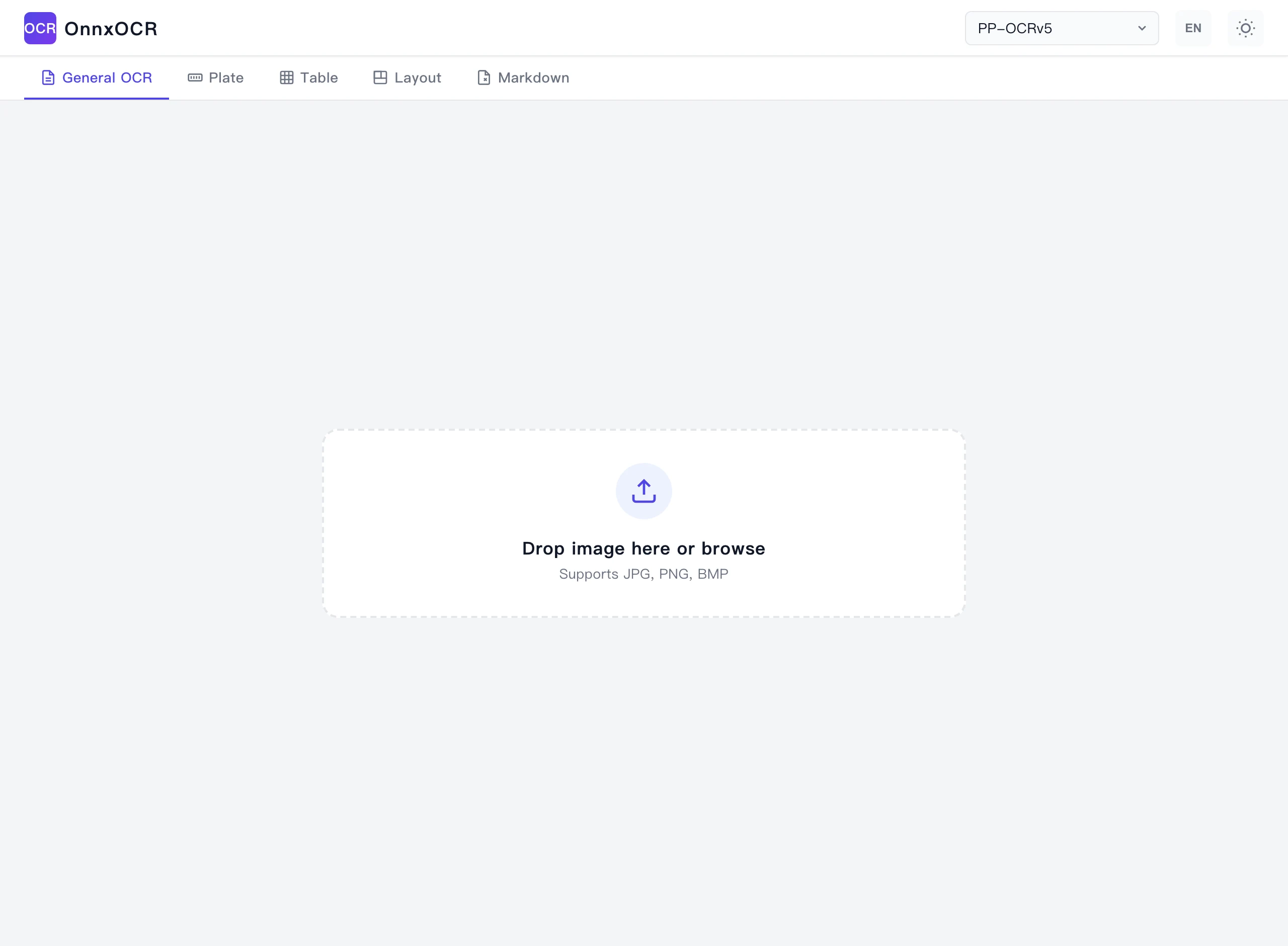 OnnxOCR 開源 OCR 實測:模型隨原始碼附上,一行指令起服務 4 OnnxOCR 內建瀏覽器介面首頁,含 General OCR、Plate、Table、Layout、Markdown 五個分頁與圖片上傳區