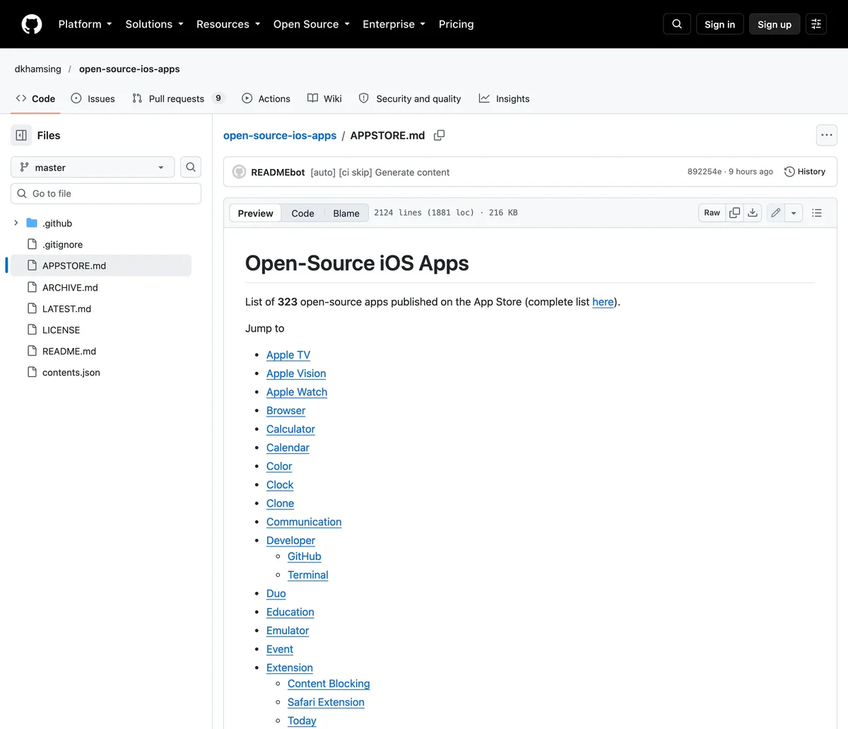 open-source-ios-apps 的 APPSTORE.md 頁面，標題寫著 List of 323 open-source apps published on the App Store，附分類跳轉清單