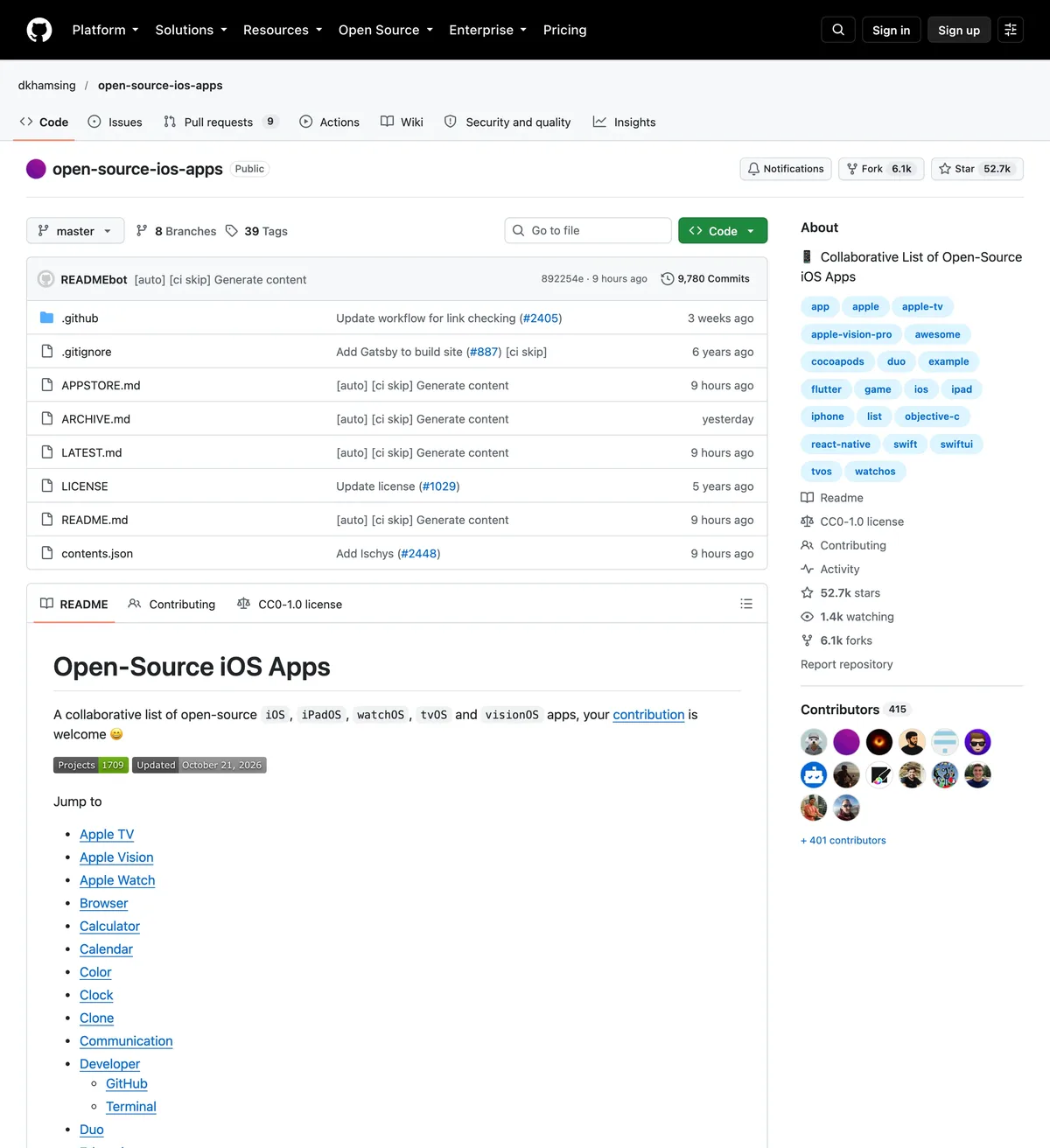 Open-Source iOS Apps 清單的 GitHub 首頁，徽章顯示 Projects 1709 與更新日期，下方是 Apple TV 到 Widget 的分類跳轉目錄