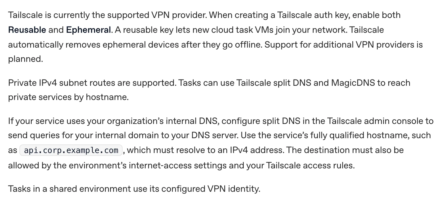 Codex Cloud 連私人網路:內建 Tailscale 沒打招呼,邊界要自己畫 3 OpenAI 現行環境文件的私人網路段落:auth key 需啟用 Reusable 與 Ephemeral,split DNS 與 MagicDNS 支援