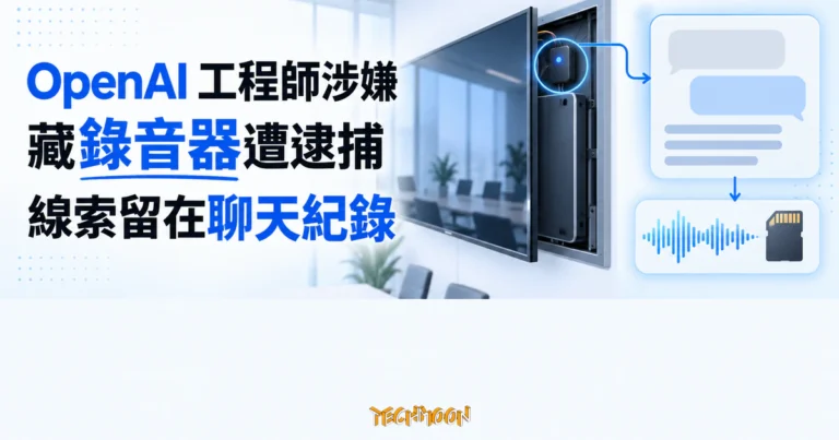 OpenAI 工程師涉嫌藏錄音器遭捕,線索留在聊天機器人對話裡 1 TechMoon 精選圖|工程師涉嫌在主管會議室藏錄音裝置,聊天機器人對話成為案件線索