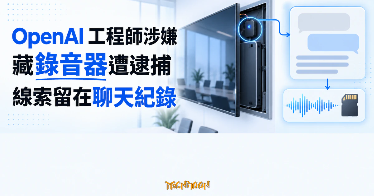 OpenAI 工程師涉嫌藏錄音器遭捕,線索留在聊天機器人對話裡 1 TechMoon 精選圖|工程師涉嫌在主管會議室藏錄音裝置,聊天機器人對話成為案件線索