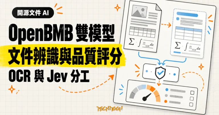TechMoon 精選圖｜OpenBMB MiniCPM-OCR 負責文件辨識，Jev 對照原始文件與辨識結果進行品質評分。