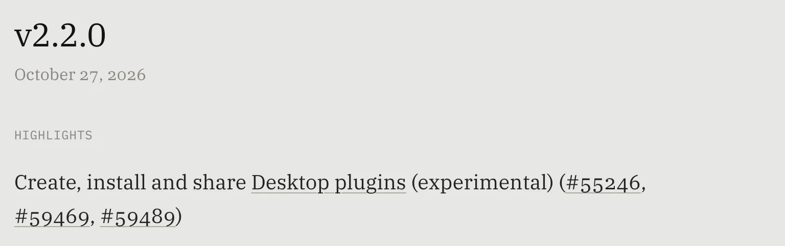 OpenCode 官方 changelog 截圖，v2.2.0 版本條目標示日期 October 27, 2026，Highlights 第一條為 Create, install and share Desktop plugins (experimental)，附 PR 編號 55246、59469、59489
