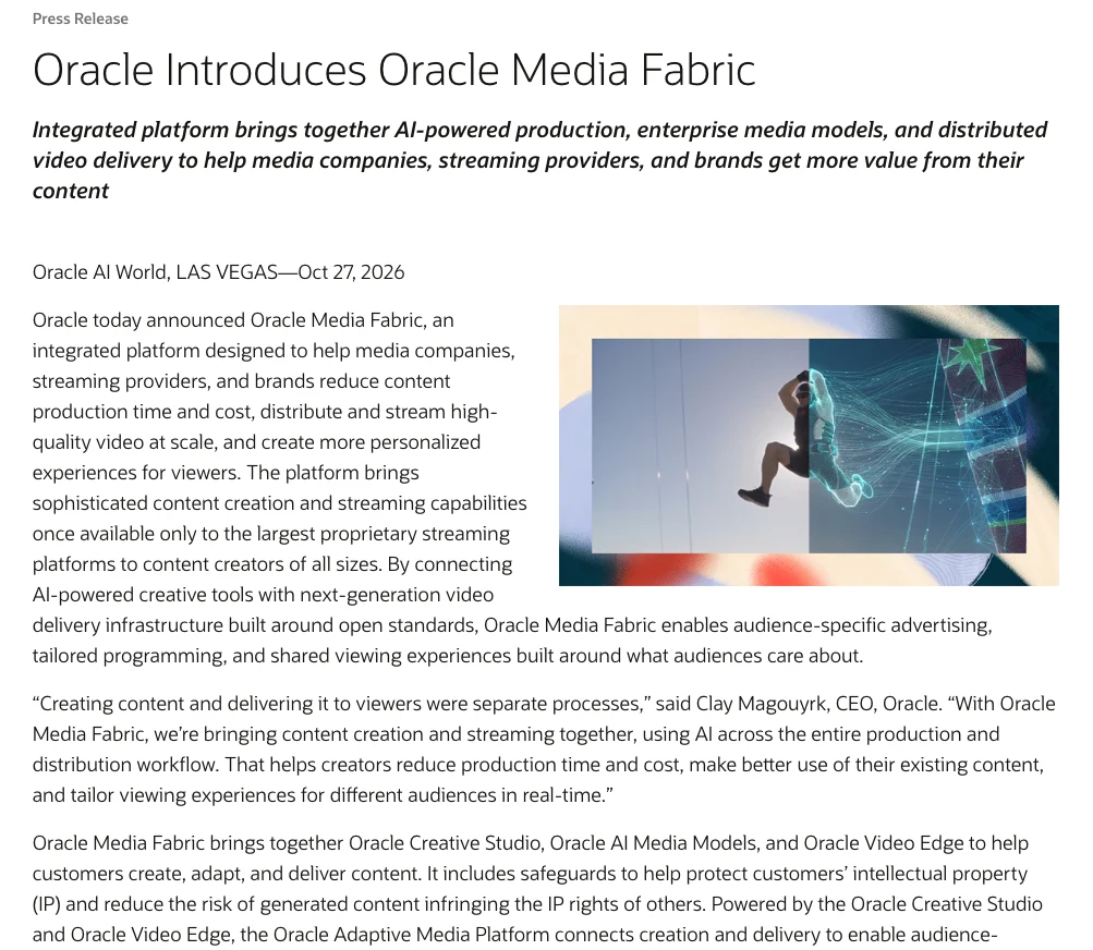 Oracle Media Fabric 是什麼?AI 製作接上串流配送的平台計畫 2 Oracle 官方新聞稿頁面:Oracle Introduces Oracle Media Fabric 標題,日期行為 Oracle AI World, LAS VEGAS 2026 年 10 月 27 日,副標說明平台整合 AI 製作、企業媒體模型與分散式影片配送