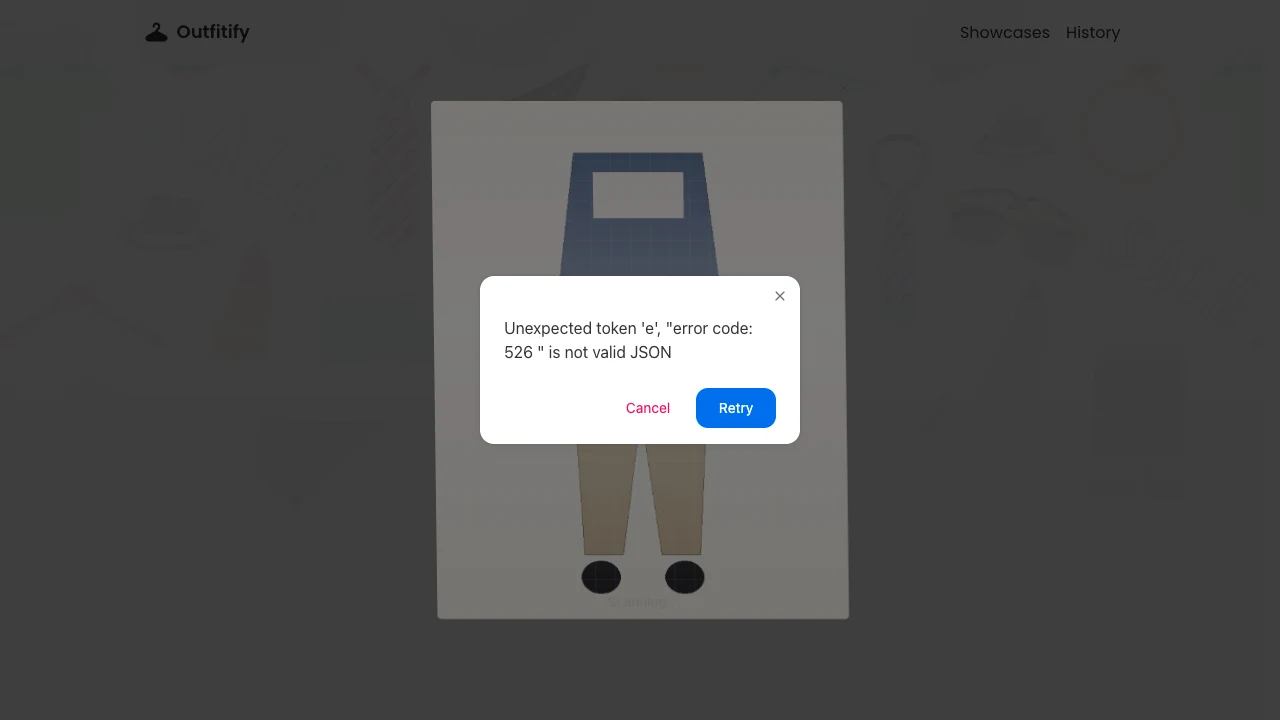 Outfitify 評分結果視窗顯示錯誤訊息與 Retry 按鈕的實測截圖