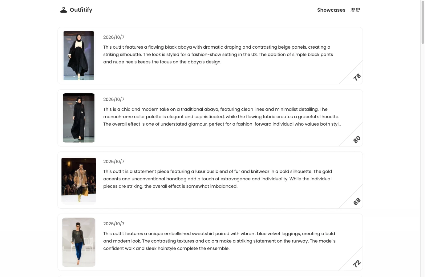 Outfitify 的 Showcases 展示頁面，四張穿搭卡片都標著造訪當天的日期