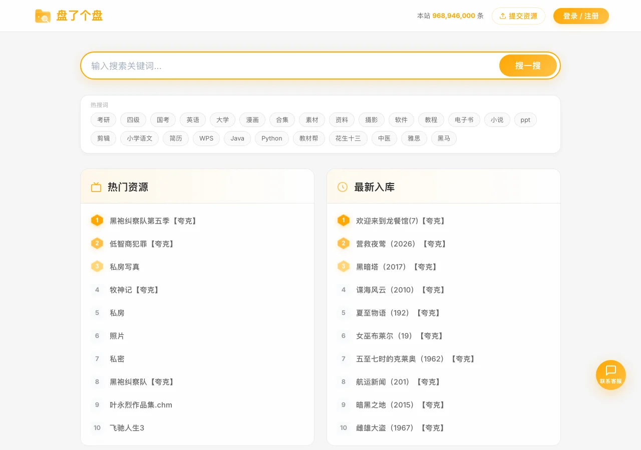 盤了個盤:一次搜尋六家網盤的公開分享資源 2 盤了個盤首頁:搜尋框、熱搜詞與熱門資源榜、最新入庫清單