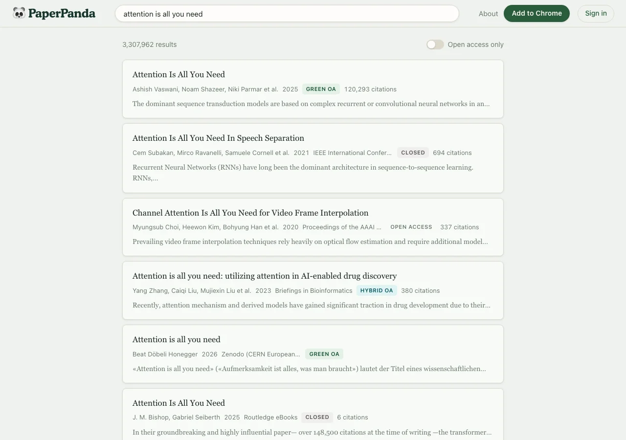 paperpanda.app 搜尋結果頁，搜尋 attention is all you need，列出論文卡片與開放取用狀態徽章，右上角有 Open access only 切換開關
