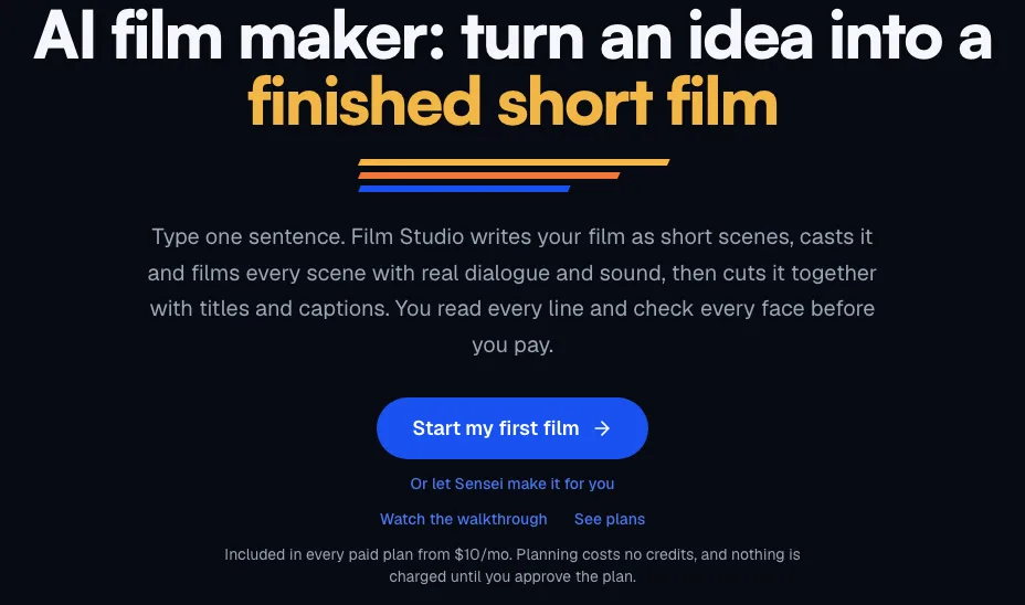 Pixel Dojo Film Studio 產品頁首屏，標示方案月費 10 美元起且規劃階段不扣額度