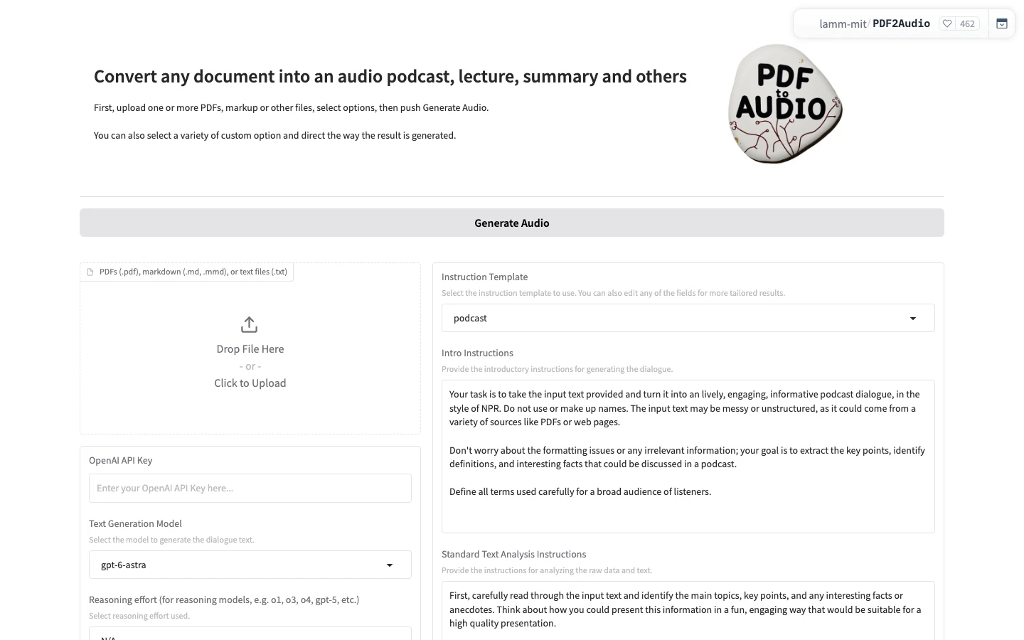 PDF2Audio Hugging Face Space 線上版介面，文字模型預設為 gpt-6-astra