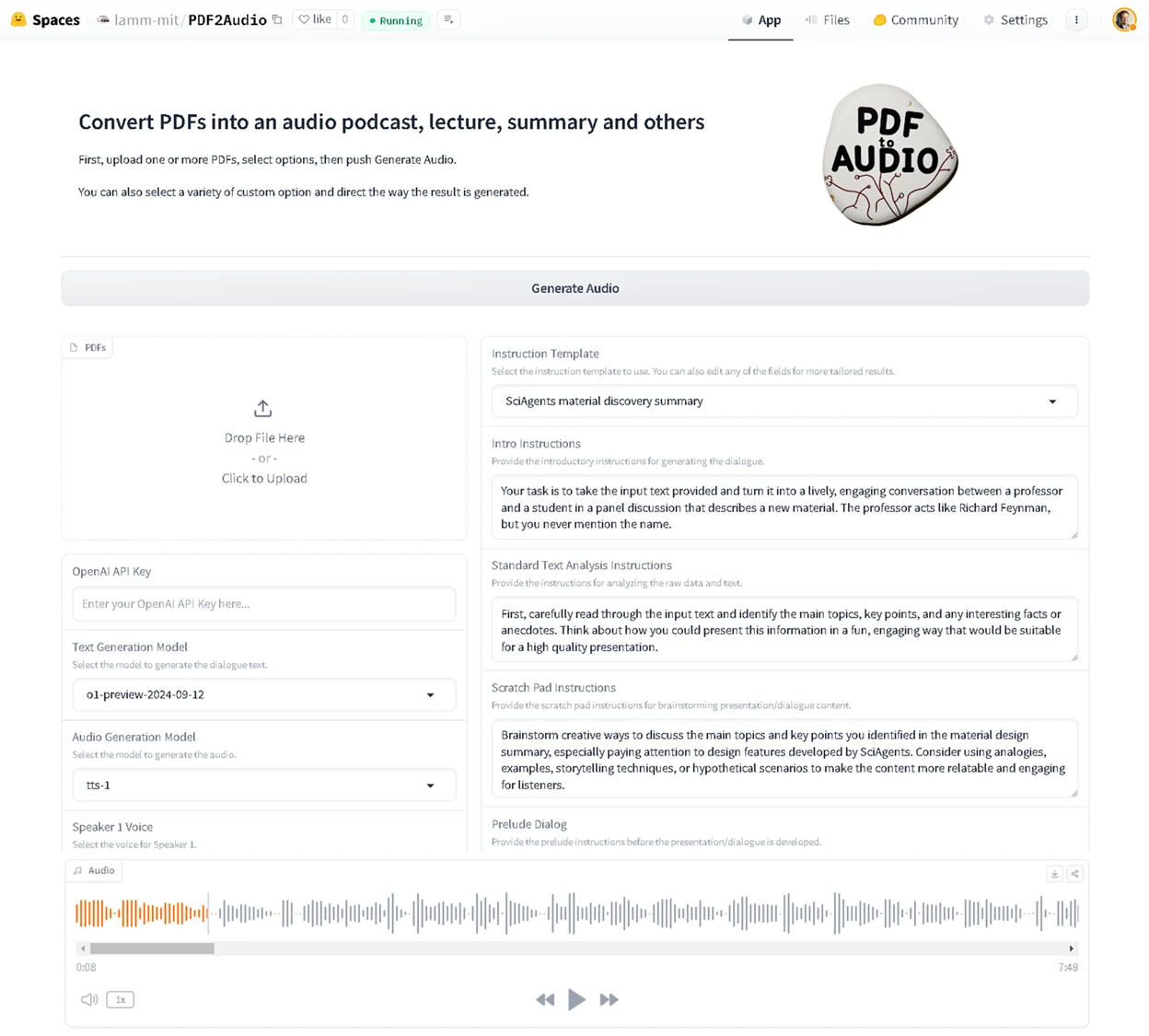 PDF2Audio 官方展示介面，包含檔案上傳、API Key 與模型選單與音檔播放器