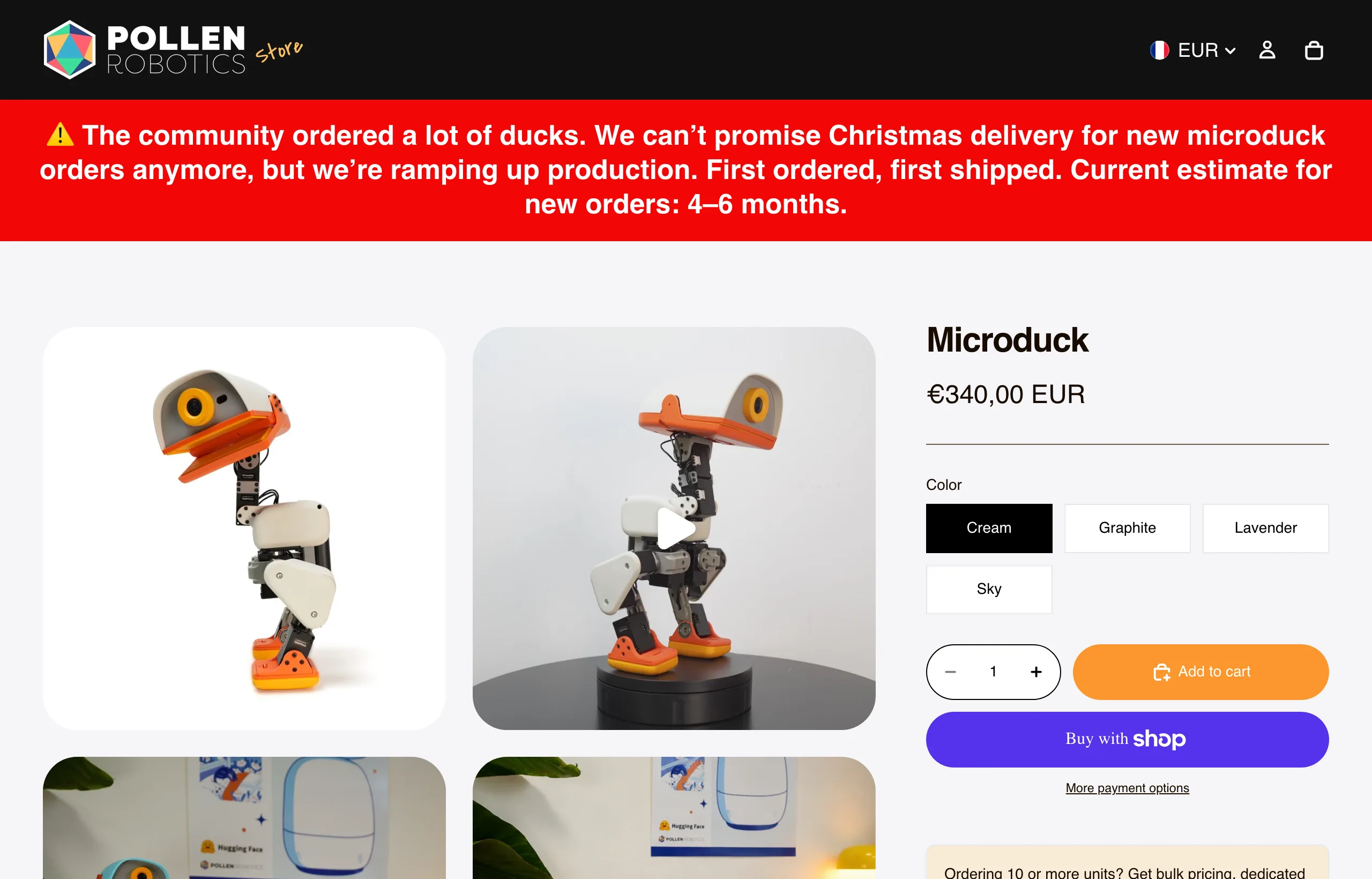 Microduck 是什麼?黃仁勳在 GTC 柏林請午睡的 399 美元機器鴨 3 Pollen 官方商店頁頂端紅色公告:新訂單預估 4 到 6 個月出貨