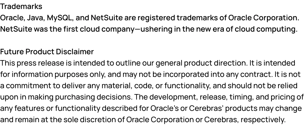 Cerebras 推論前進 Oracle 雲端,先看清 2027 期票寫了什麼 2 Cerebras 官方新聞稿 2026 年 10 月截圖:Future Product Disclaimer 段落原文,寫明新聞稿僅概述產品方向、不構成交付承諾、不應作為採購決策依據