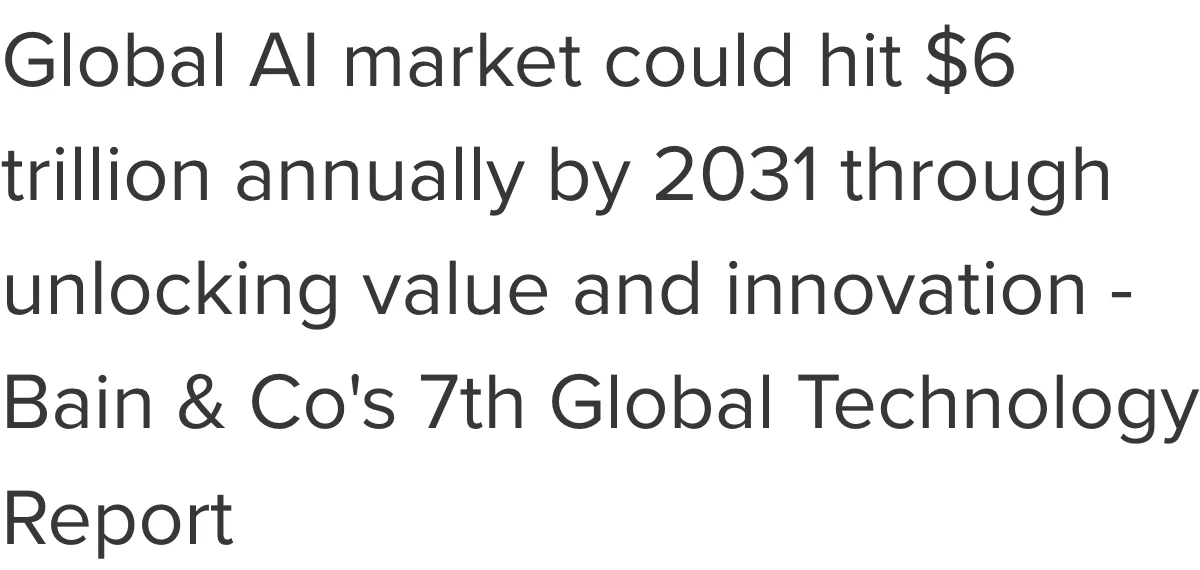 Bain 第七份全球科技報告官方新聞稿標題，寫著全球 AI 市場到 2031 年每年可能達 6 兆美元