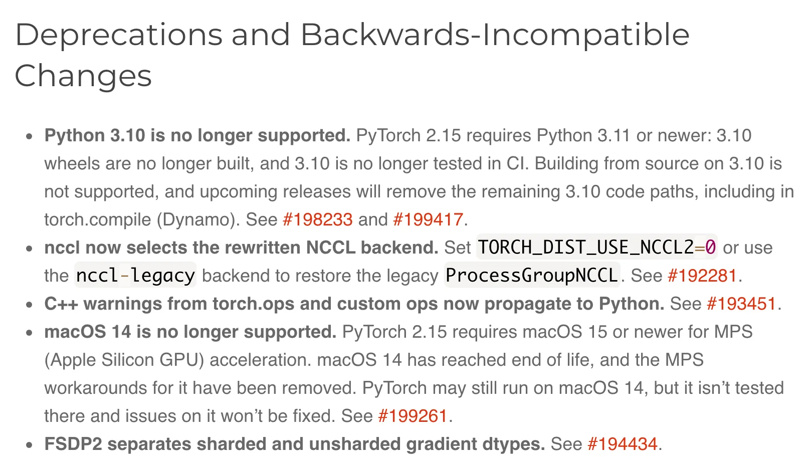 PyTorch 官方部落格截圖，段落標題為 Deprecations and Backwards-Incompatible Changes，條列 nccl 改用新後端、Python 3.10 停止支援、macOS 14 停止支援、FSDP2 梯度資料型別分離等變更