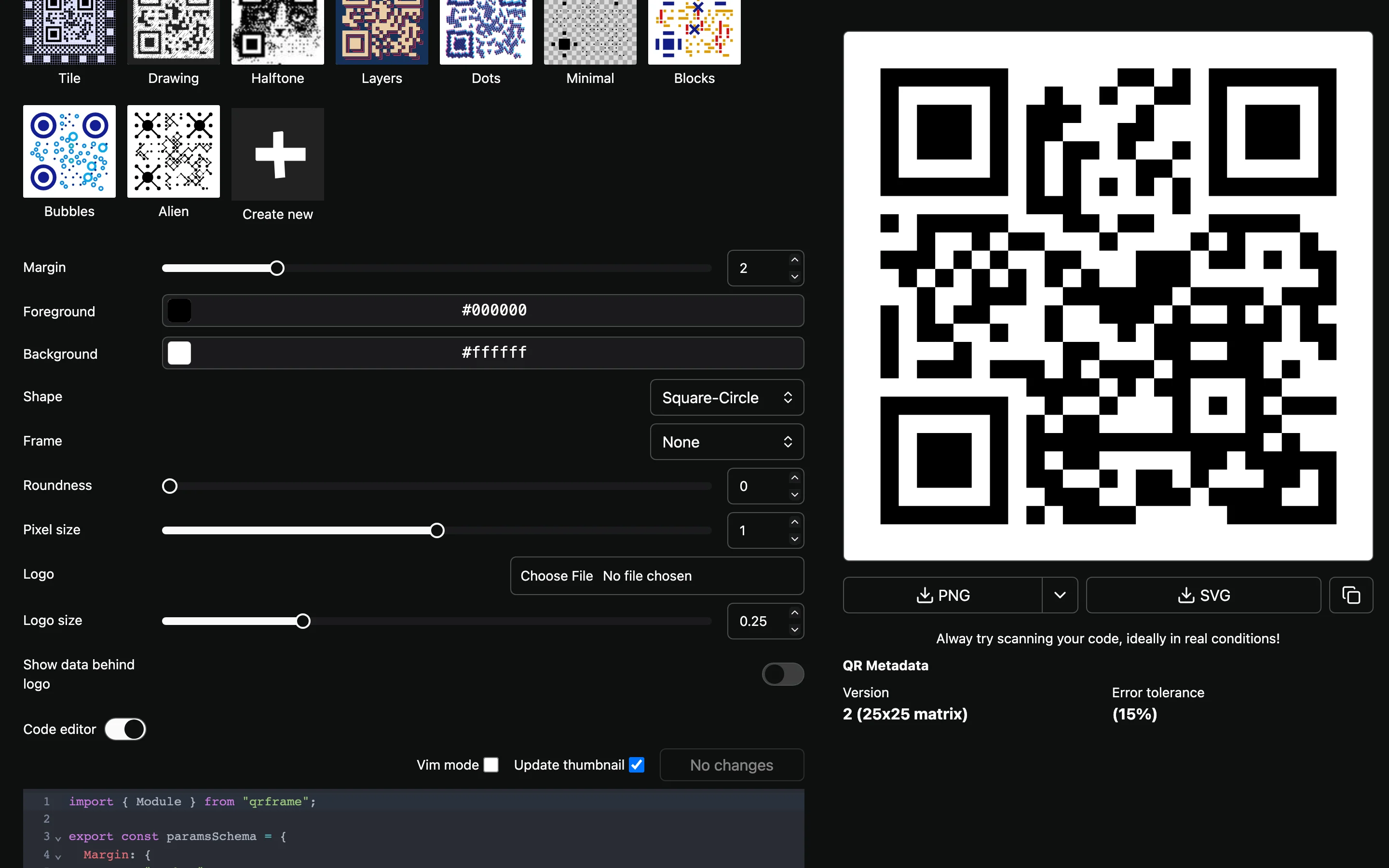 qrframe 程式碼編輯器，樣式的 JavaScript 原始碼攤在 CodeMirror 裡可直接修改