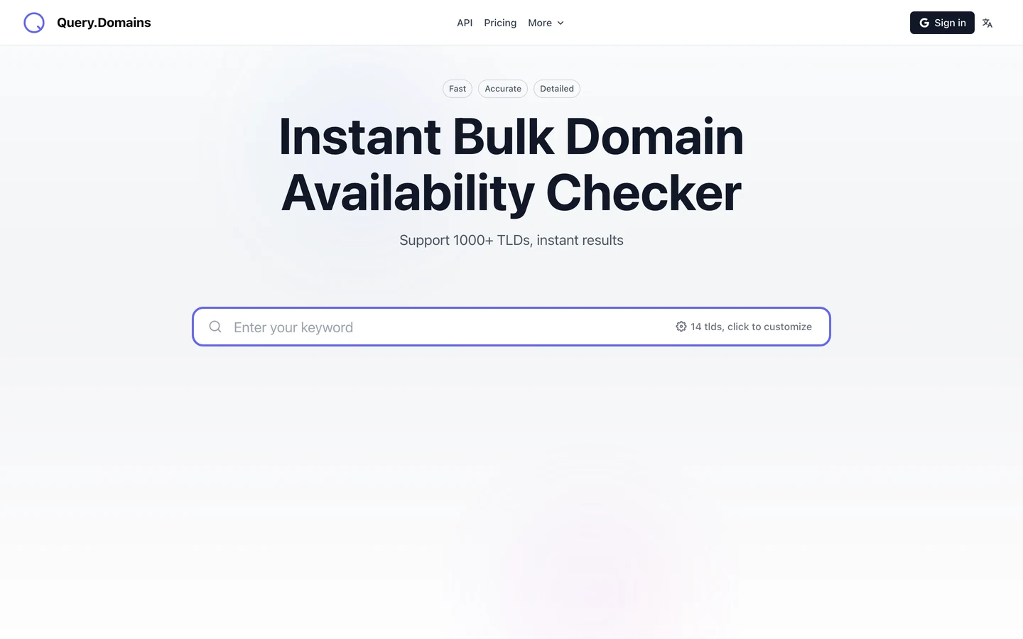 Query.Domains 官方首頁的操作介面，中央一個關鍵字輸入框，旁邊標示 14 tlds 可自訂後綴清單，導覽列有 API、Pricing 與 Google 登入入口