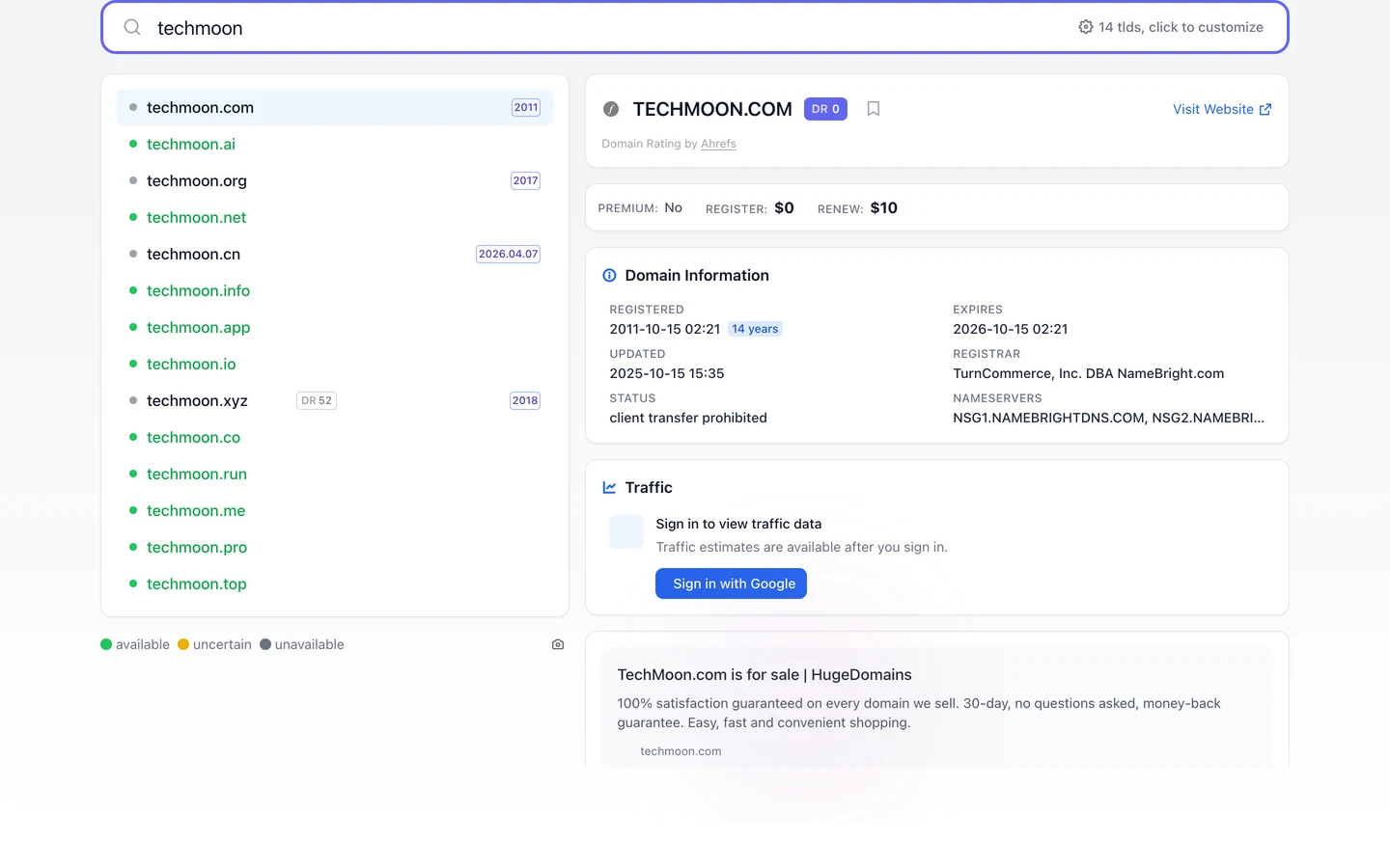 Query.Domains 查詢 techmoon 的結果畫面，左側十四個後綴的網域清單以綠灰圓點標示可用與已註冊，右側 techmoon.com 詳細面板顯示 2011 年註冊、2026 年 10 月到期、註冊商 TurnCommerce NameBright，以及 HugeDomains 的出售頁預覽