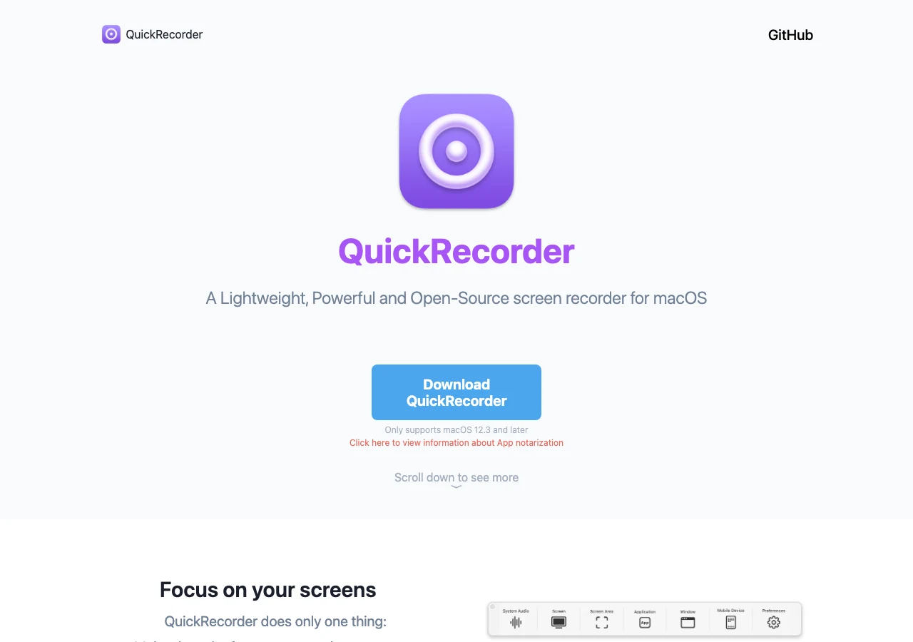 QuickRecorder Mac 開源錄影工具,免驅動就把系統聲音錄進去 2 QuickRecorder 官方網站首頁,下載按鈕標明支援 macOS 12.3 以上