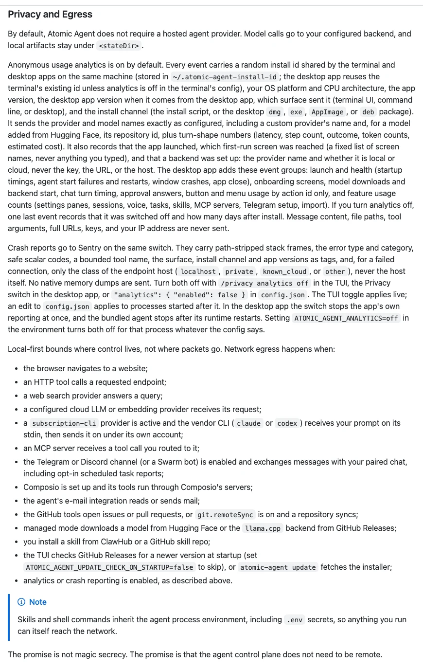 Atomic Agent Desktop 開源本機代理,把資料流向看清楚再搬 4 GitHub README 的 Privacy and Egress 段落