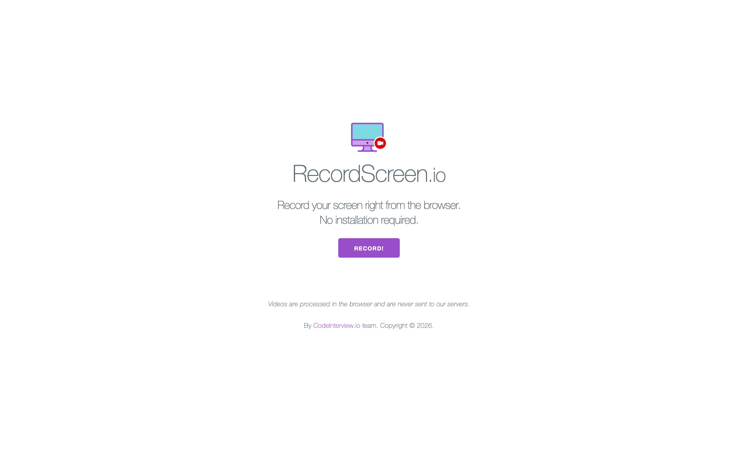 RecordScreen.io 免安裝錄螢幕工具,開網頁就能錄且不上傳 2 RecordScreen.io 官方首頁:紫色 Record 按鈕與影片不上傳的承諾文字