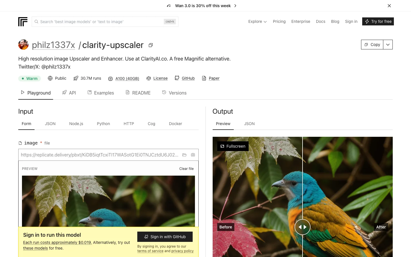 Replicate 上的 clarity-upscaler 模型頁，顯示 Playground 介面與 30.7M 次執行統計