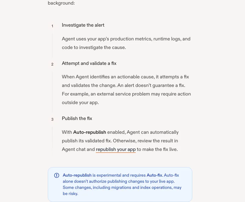 Replit Monitoring Agent 登場,修復與重新發布拆成兩個開關 2 Replit 官方文件的 Monitoring Agent 運作方式段落:自動修復的三個步驟,包括調查警報、嘗試並驗證修復、發布修復,以及 Auto-republish 屬實驗功能且需要 Auto-fix 的說明