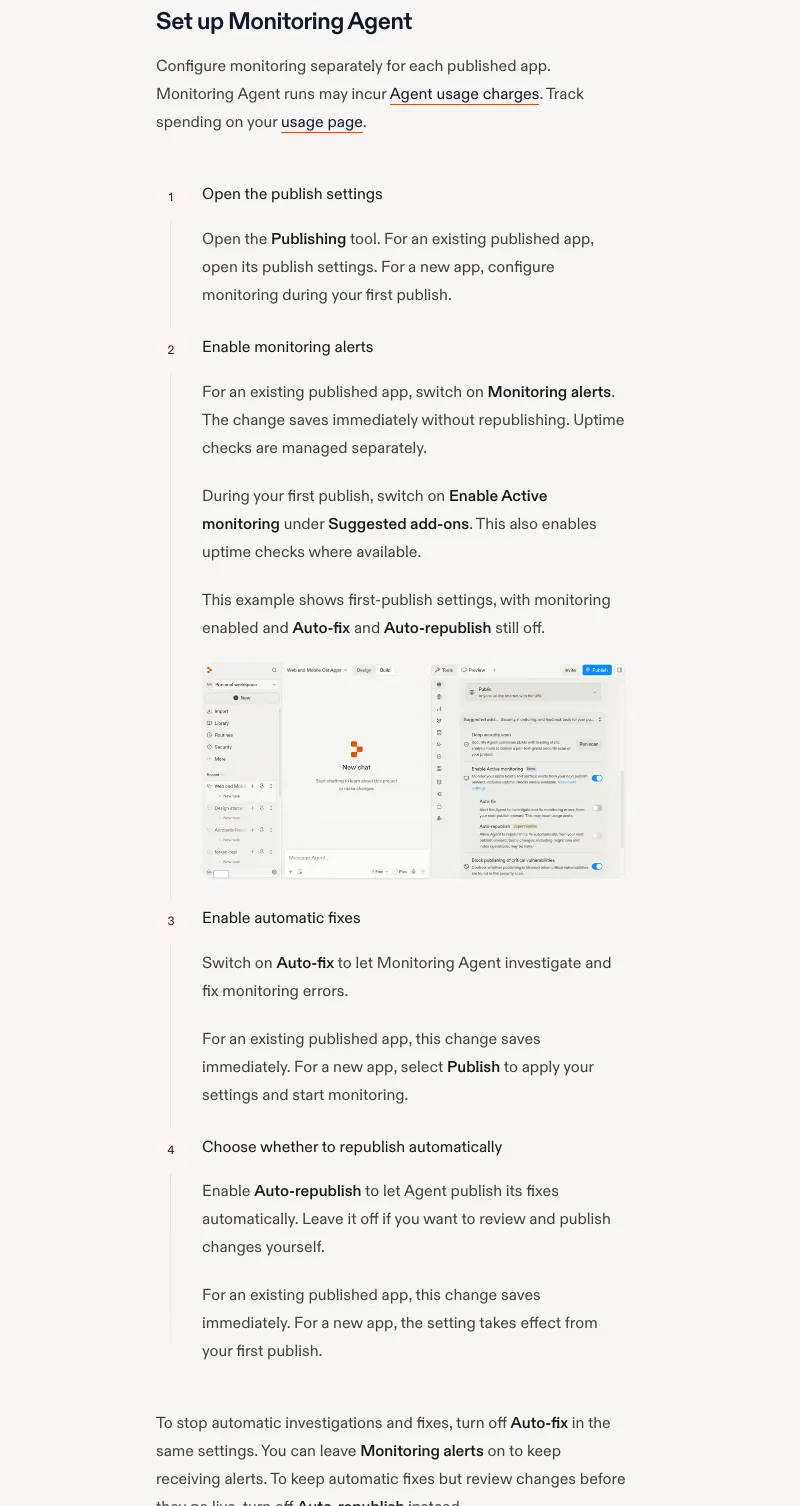 Replit Monitoring Agent 登場,修復與重新發布拆成兩個開關 3 Replit 官方文件的 Monitoring Agent 設定四步驟,包含首次發布的設定示範圖,畫面中監測已啟用而 Auto-fix 與 Auto-republish 仍為關閉