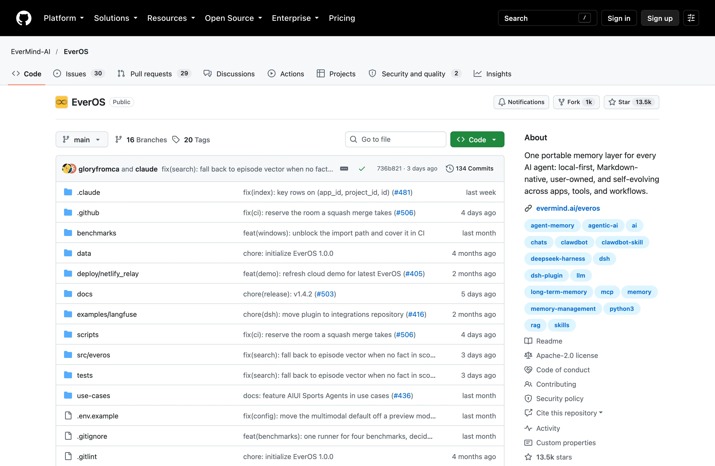 TechMoon 內文截圖｜EverOS GitHub 儲存庫頁面，13.5k 星與 1k fork