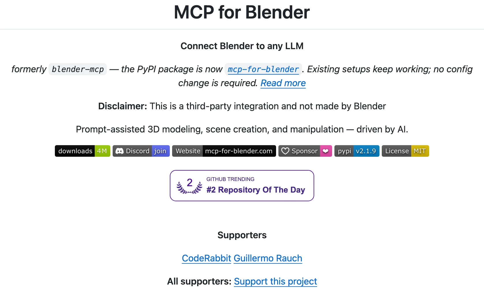 MCP for Blender 的 GitHub README 開頭：標題下方註明原名 blender-mcp，PyPI 套件現為 mcp-for-blender，既有設定不需變更