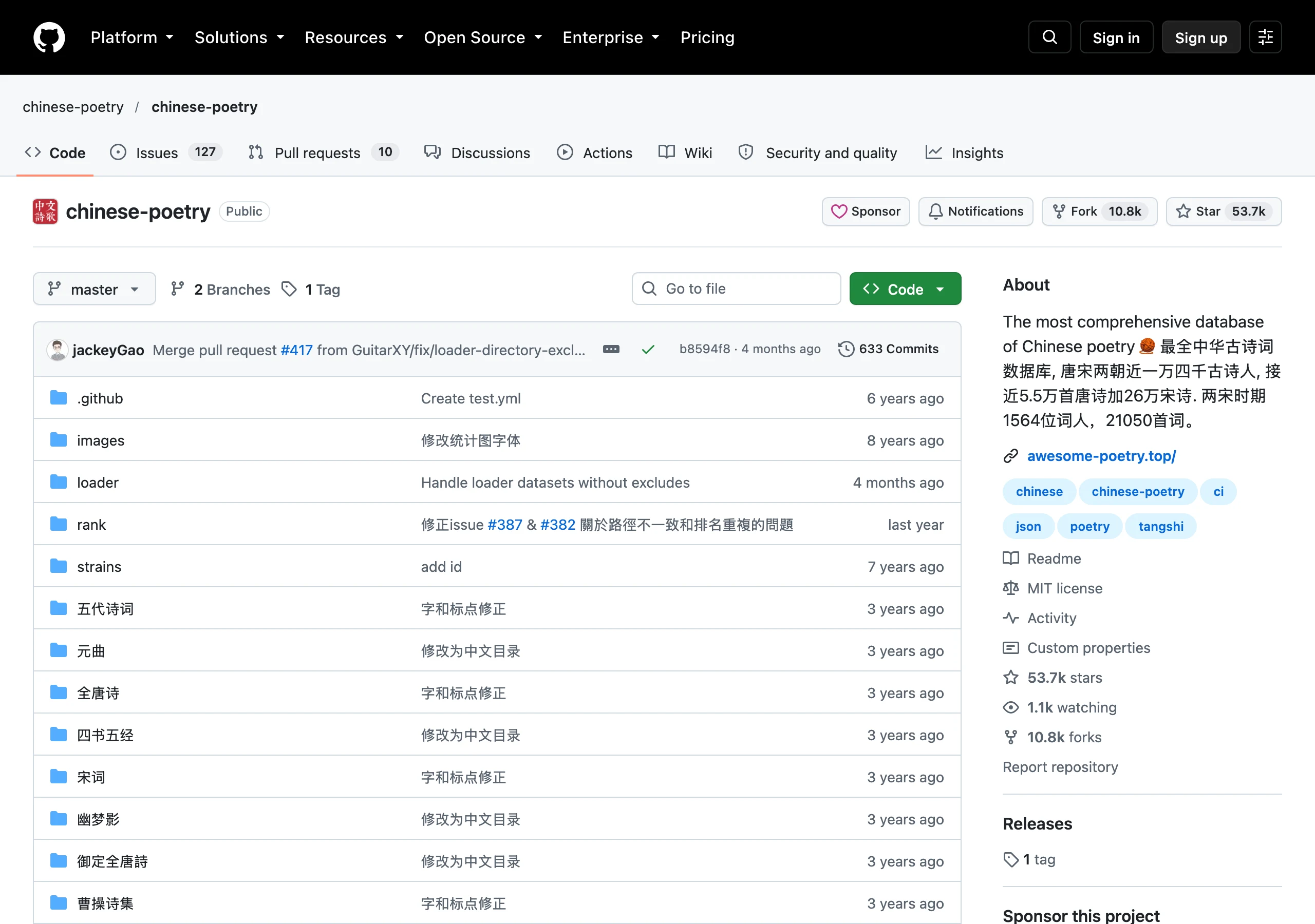chinese-poetry GitHub 倉庫首頁截圖，About 欄顯示最全中華古詩詞數據庫宣稱與 53.7k 星