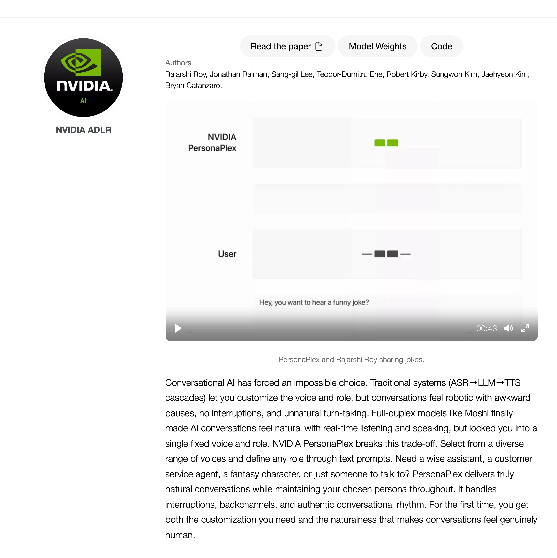 NVIDIA PersonaPlex 全雙工語音模型,插話與附和都接得住 2 NVIDIA 研究頁 PersonaPlex 專案頁首,標題、八位作者列表與簡介段落