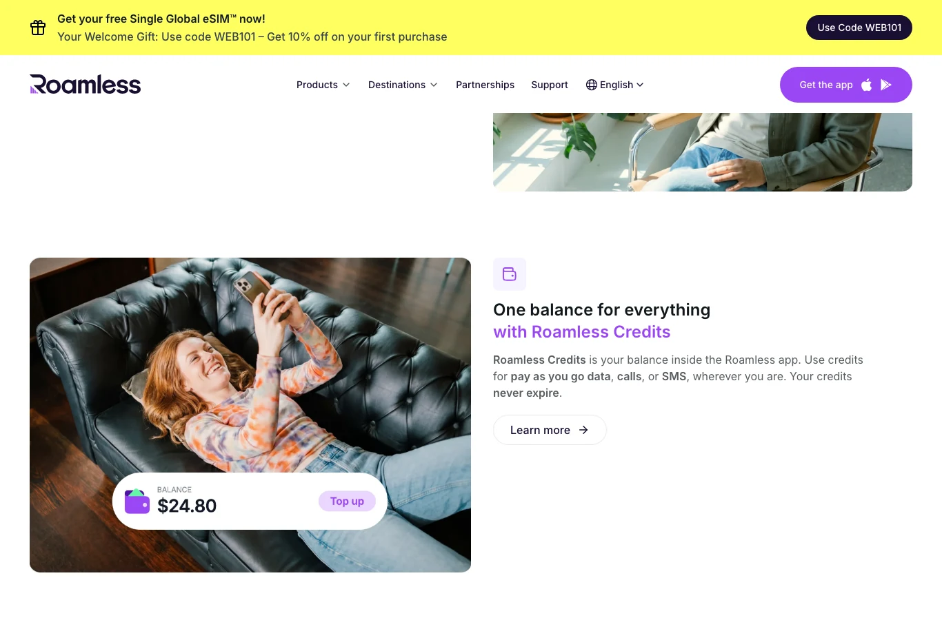 Roamless 官網首頁的 Roamless Credits 區塊，說明點數可用於隨用隨付流量、通話與簡訊，並標註點數永不過期，畫面取自官網