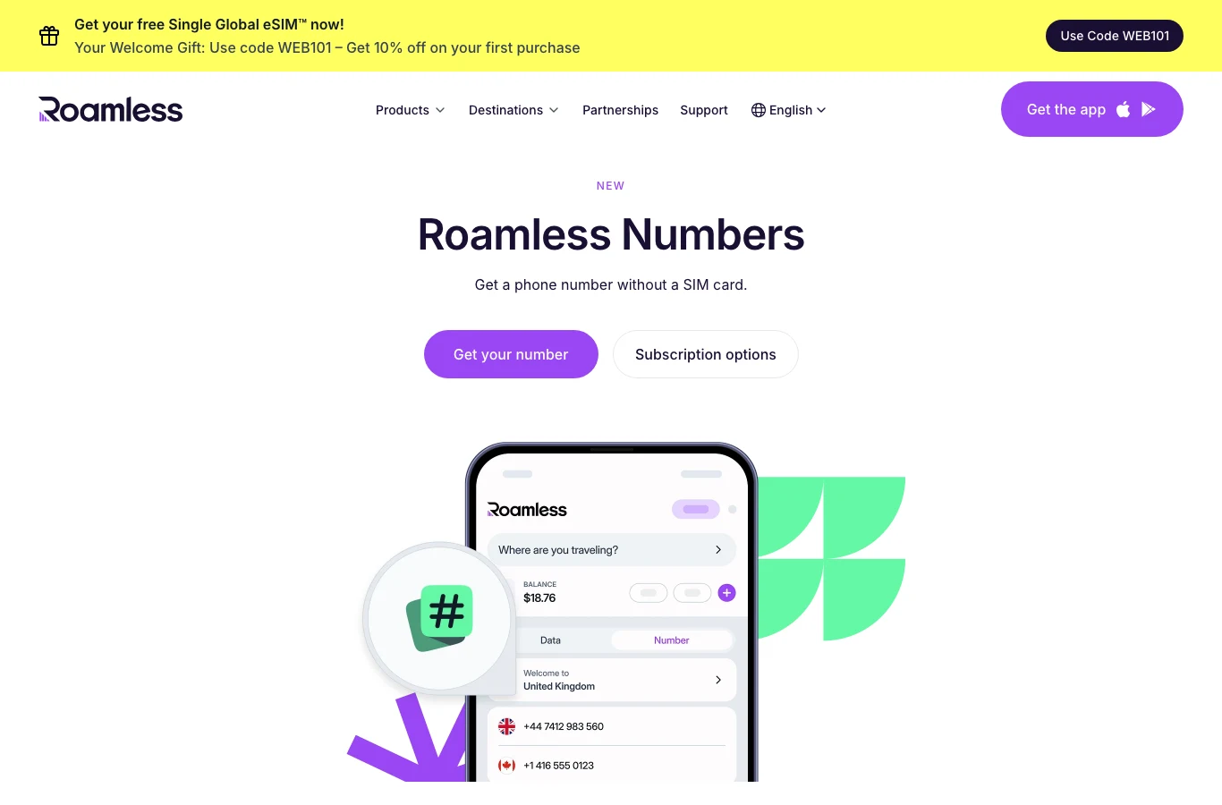 Roamless Numbers 產品頁，標題寫著不必 SIM 卡就能取得電話號碼，畫面中的 App 示意圖展示英國與加拿大號碼範例，畫面取自官網