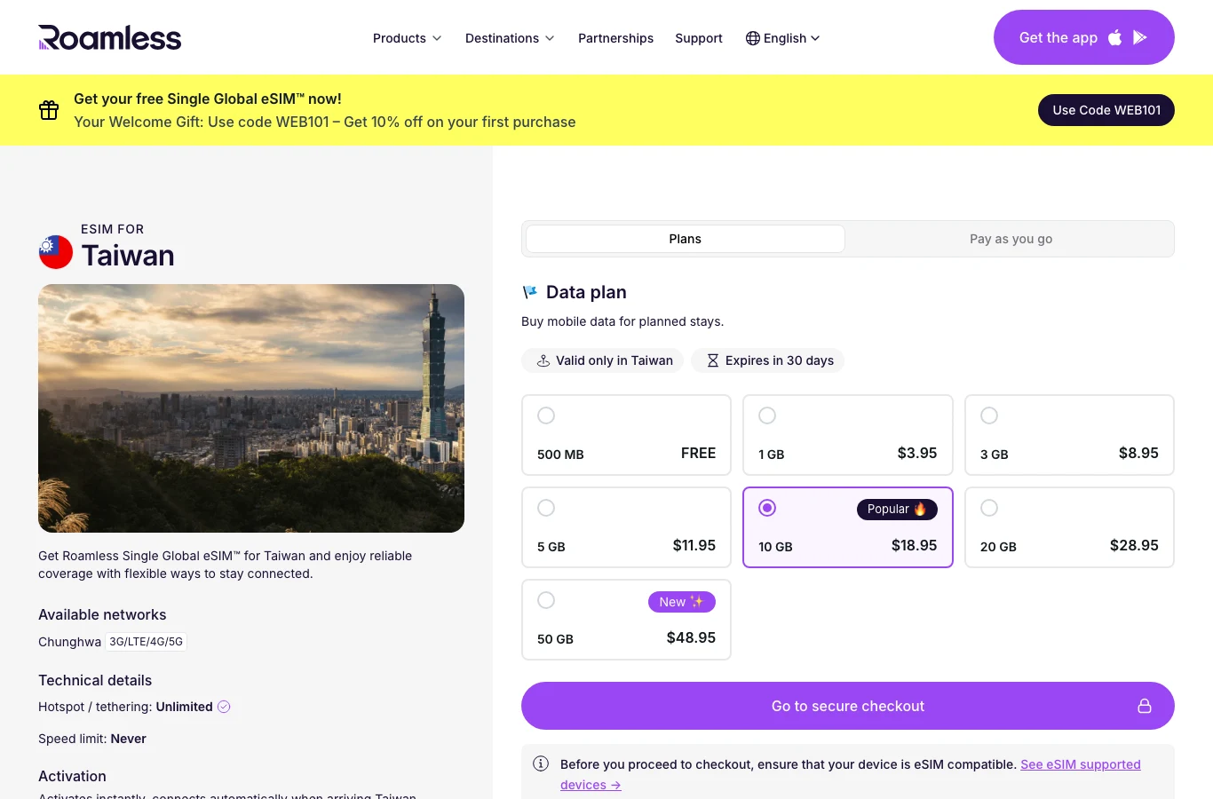 Roamless 台灣 eSIM 頁面的方案分頁，列出 20GB 28.95 美元與 50GB 48.95 美元等固定方案價格卡，上方有 Plans 與 Pay as you go 兩個分頁，畫面取自官網