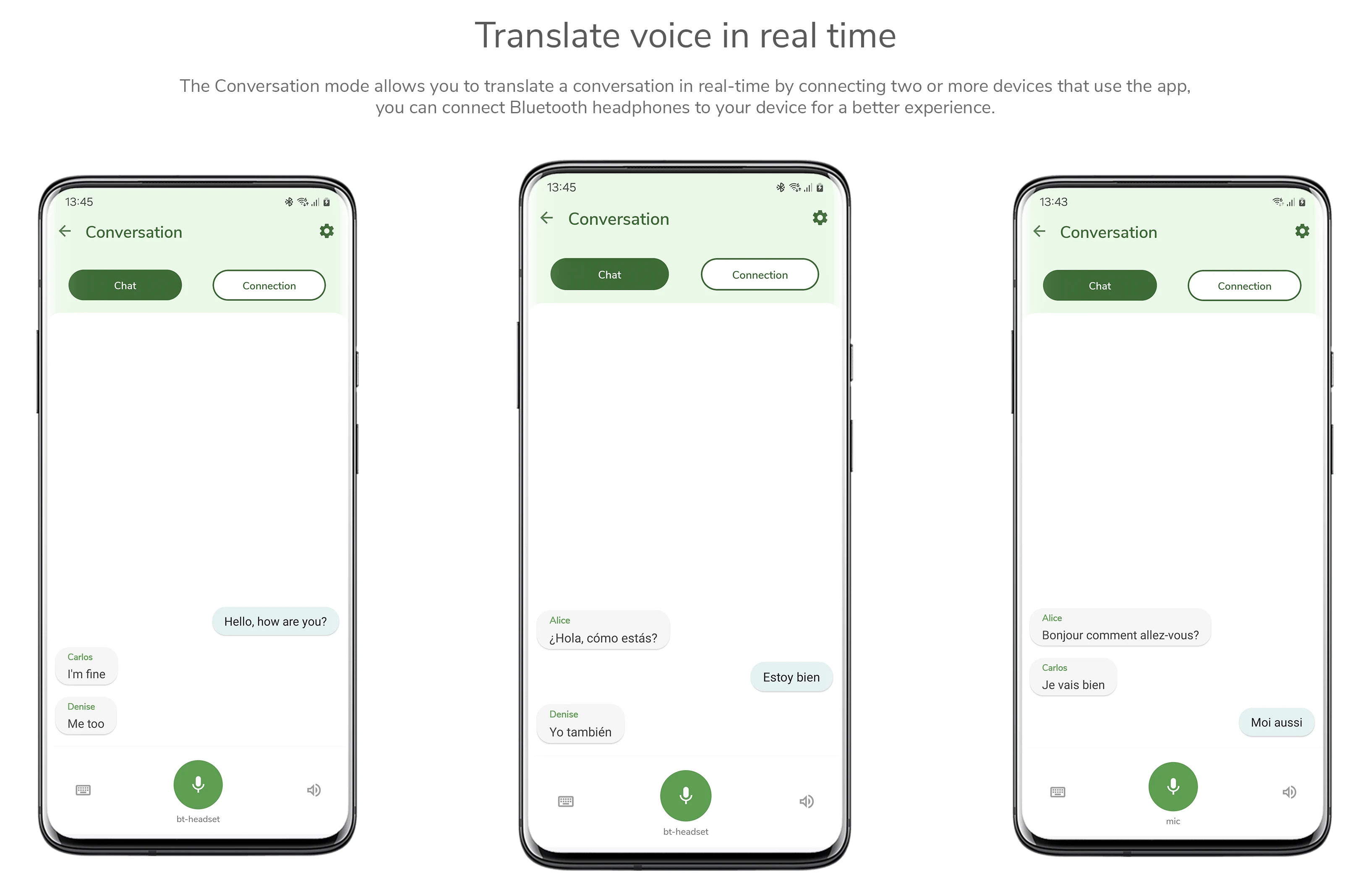 RTranslator 官方對話模式示意圖：三支手機以藍牙連線，同一句話以英、西、法語呈現，其中兩台標示使用藍牙耳機（官方 README 素材）