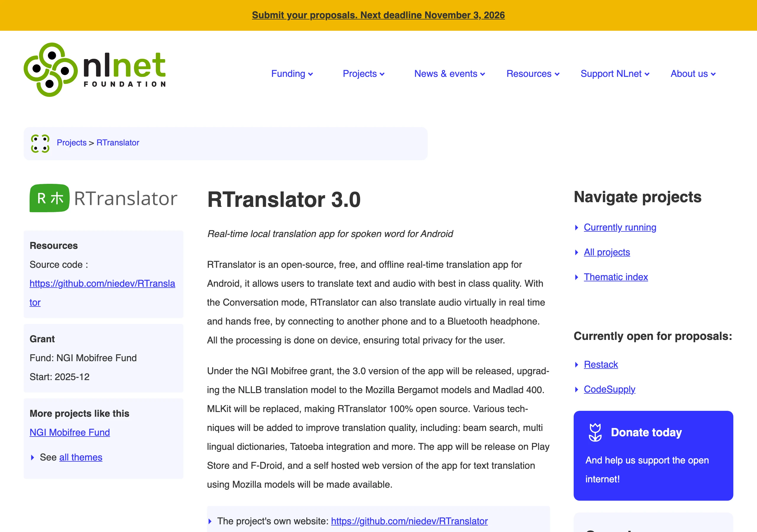 NLnet 基金會的 RTranslator 3.0 專案頁：補助來源為 NGI Mobifree Fund，起始時間 2025 年 12 月（NLnet 官方頁面截圖）