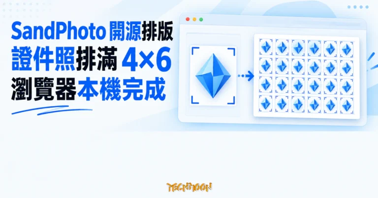 SandPhoto 開源證件照排版工具:照片不上傳,排滿沖印相紙 5 TechMoon 精選圖|瀏覽器內把單張證件照排滿 4x6 沖印相紙,照片不需上傳。