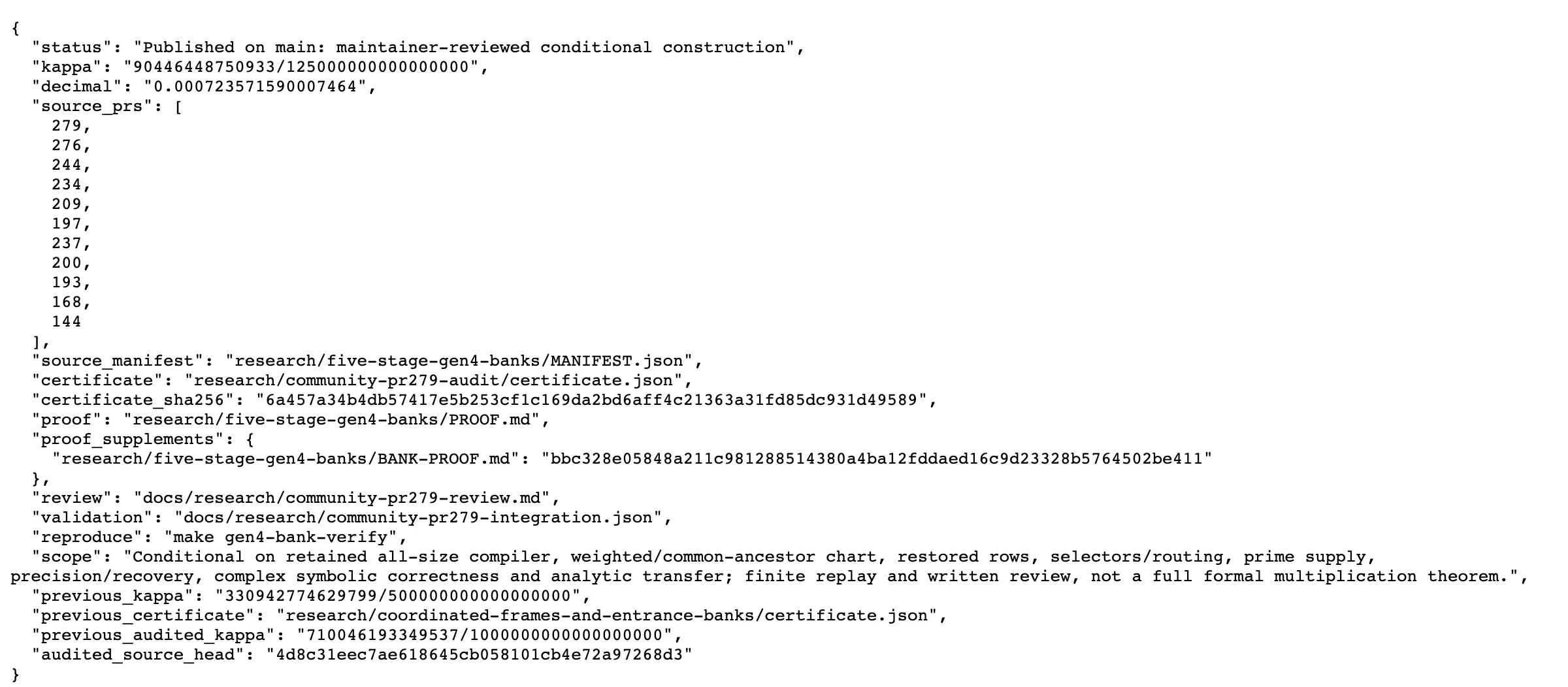 OpenAI 整數乘法界線,社群四天把理論節省量推高超過十倍 3 selected-result.json 全文,包含 kappa 分數、來源 PR 清單與憑證雜湊