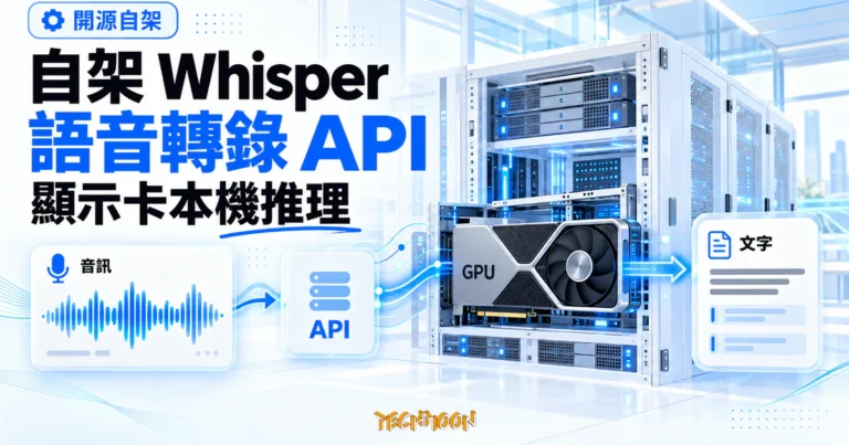 自架 Whisper 轉錄 API 開源實測:把語音辨識裝進自己的 GPU 2 TechMoon 精選圖|開源自架 Whisper 語音轉錄 API 概念圖,音波、明亮伺服器機房與顯示卡本機推理