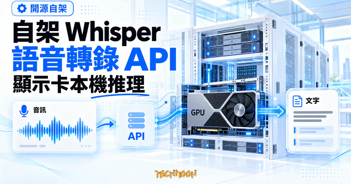 自架 Whisper 轉錄 API 開源實測:把語音辨識裝進自己的 GPU 1 TechMoon 精選圖|開源自架 Whisper 語音轉錄 API 概念圖,音波、明亮伺服器機房與顯示卡本機推理